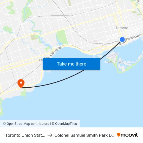 Toronto Union Station to Colonel Samuel Smith Park Drive map