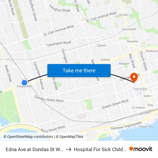 Edna Ave at Dundas St West to Hospital For Sick Children map