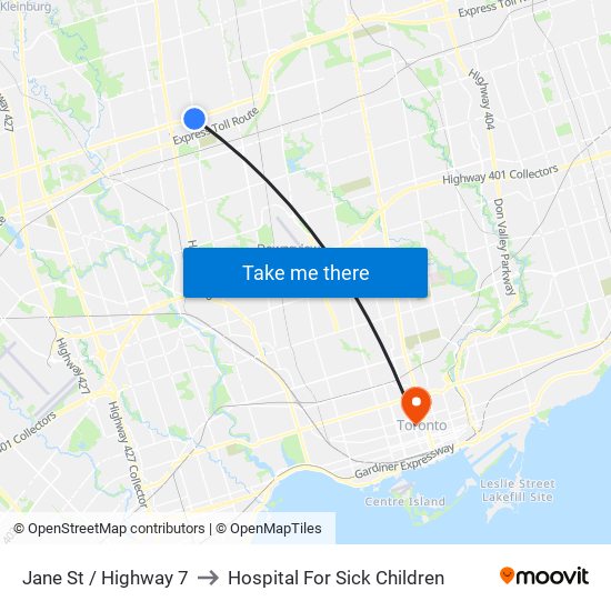 Jane St / Highway 7 to Hospital For Sick Children map