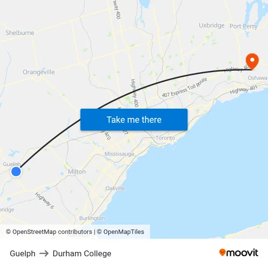 Guelph to Durham College map