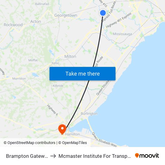 Brampton Gateway Terminal to Mcmaster Institute For Transportation & Logistics map