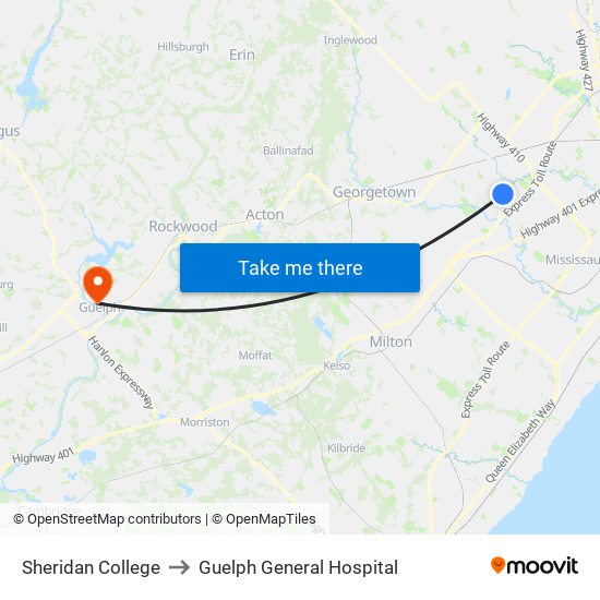 Sheridan College to Guelph General Hospital map