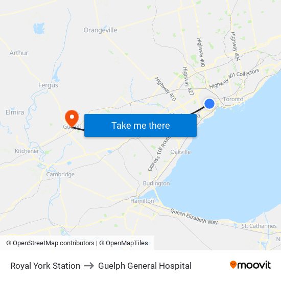 Royal York Station to Guelph General Hospital map