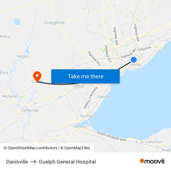 Davisville to Guelph General Hospital map