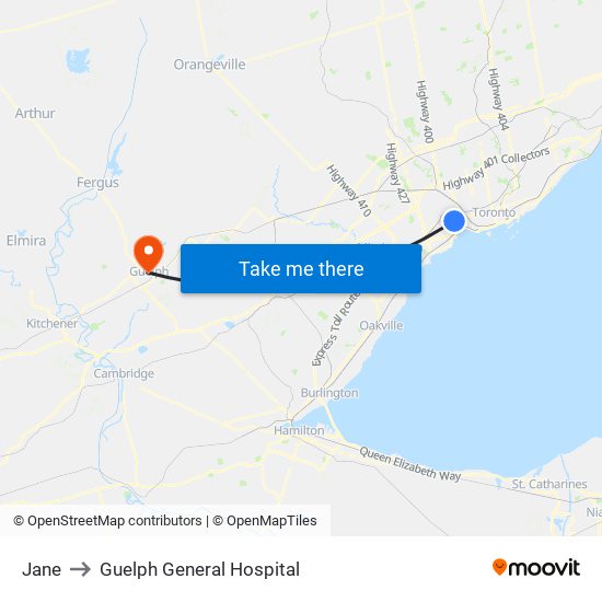 Jane to Guelph General Hospital map