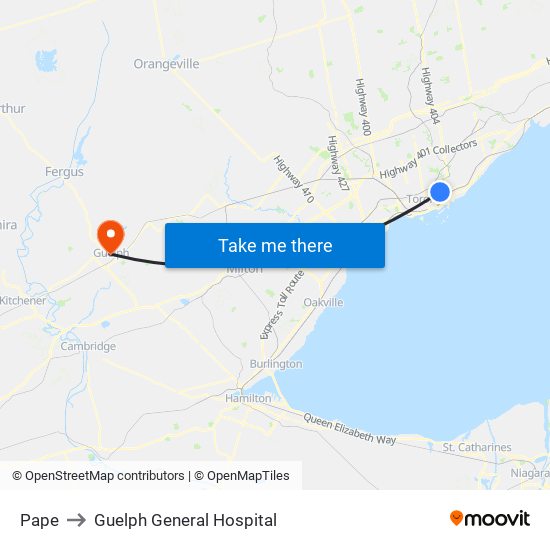 Pape to Guelph General Hospital map