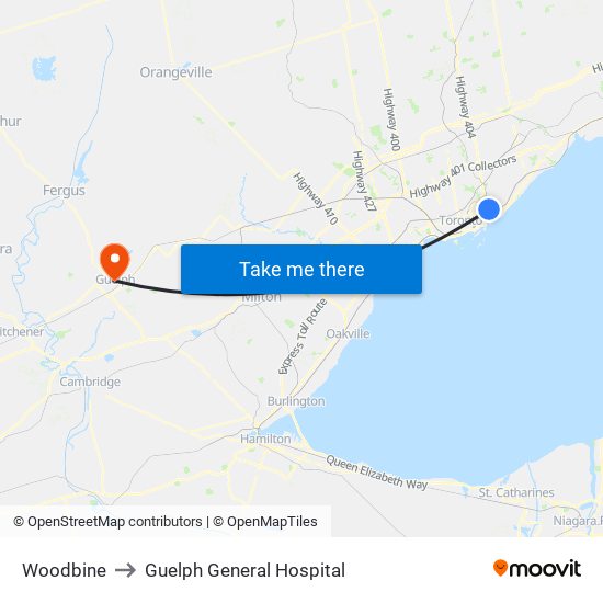 Woodbine to Guelph General Hospital map