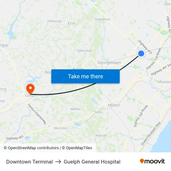 Downtown Terminal to Guelph General Hospital map