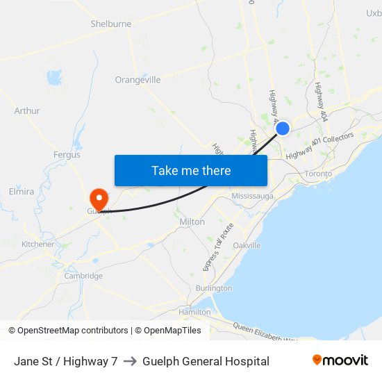 Jane St / Highway 7 to Guelph General Hospital map