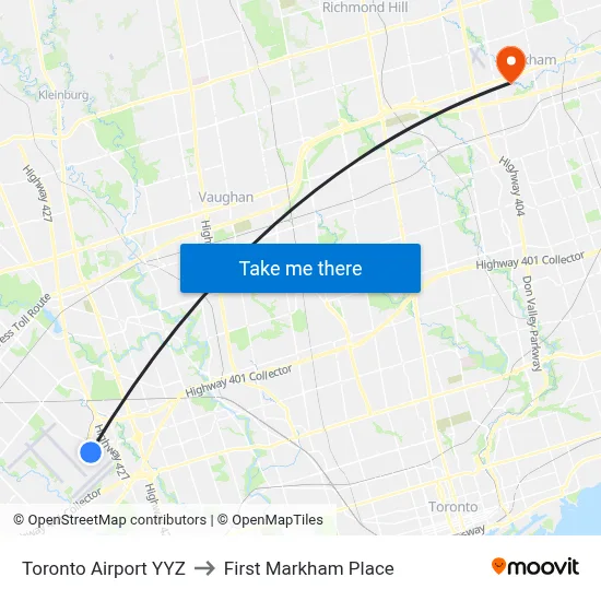 Toronto Airport YYZ to First Markham Place map