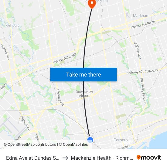 Edna Ave at Dundas St West to Mackenzie Health - Richmond Hill map