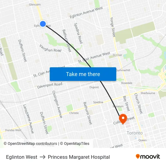 Eglinton West to Princess Margaret Hospital map