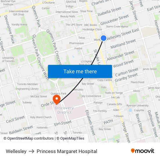 Wellesley to Princess Margaret Hospital map