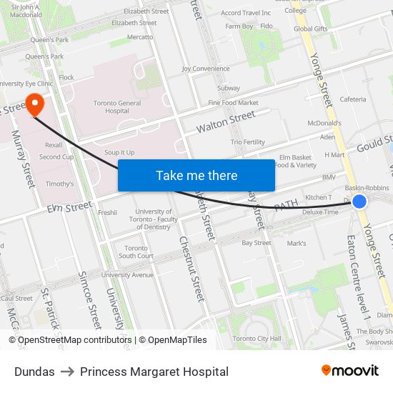 Dundas to Princess Margaret Hospital map