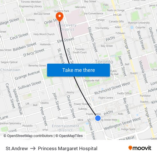 St.Andrew to Princess Margaret Hospital map