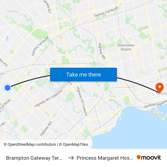 Brampton Gateway Terminal to Princess Margaret Hospital map