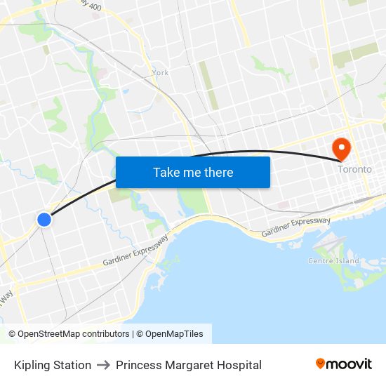 Kipling Station to Princess Margaret Hospital map