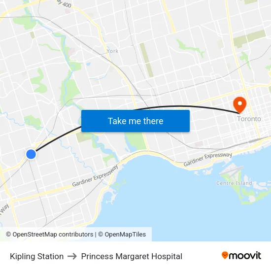 Kipling Station to Princess Margaret Hospital map