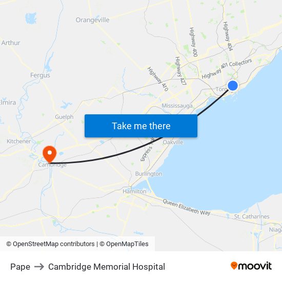 Pape to Cambridge Memorial Hospital map