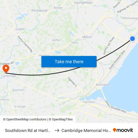 Southdown Rd at Hartland Dr to Cambridge Memorial Hospital map