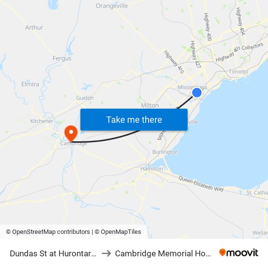 Dundas St at Hurontario St to Cambridge Memorial Hospital map