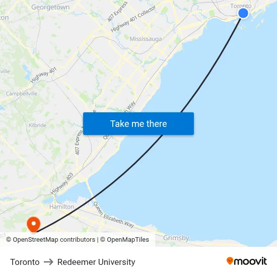 Toronto to Redeemer University map