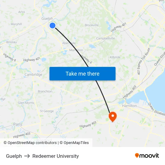 Guelph to Redeemer University map