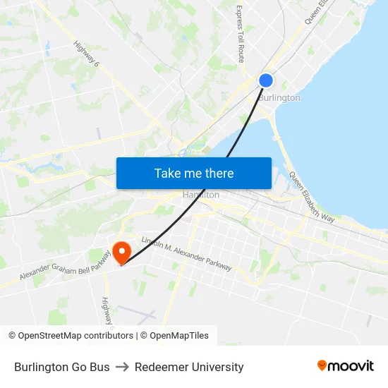 Burlington Go Bus to Redeemer University map