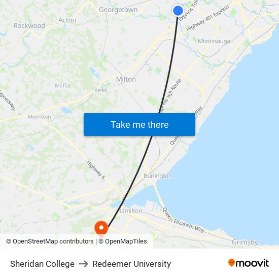 Sheridan College to Redeemer University map