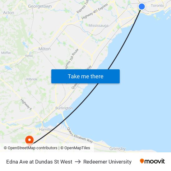 Edna Ave at Dundas St West to Redeemer University map