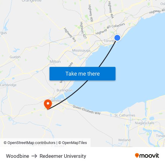 Woodbine to Redeemer University map