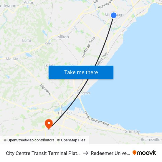 City Centre Transit Terminal Platform K to Redeemer University map