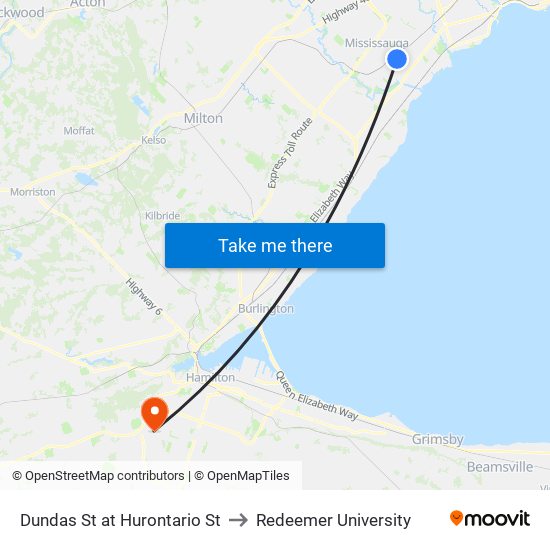 Dundas St at Hurontario St to Redeemer University map