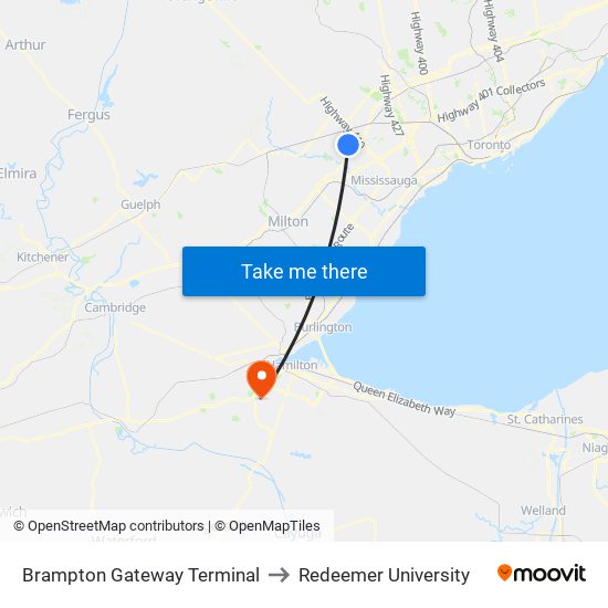 Brampton Gateway Terminal to Redeemer University map