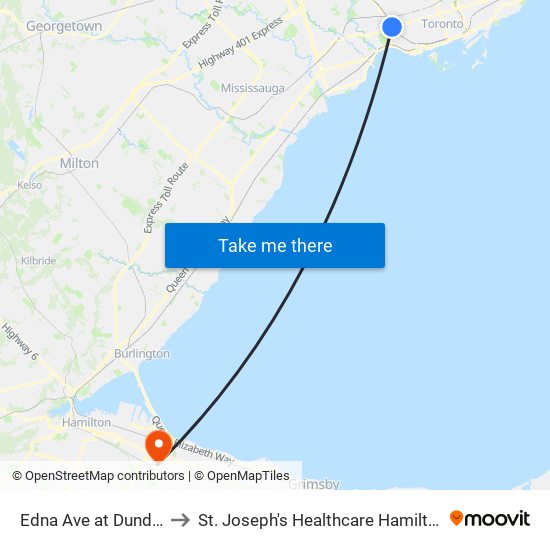 Edna Ave at Dundas St West to St. Joseph's Healthcare Hamilton - King Campus map