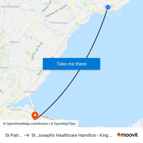 St-Patrick to St. Joseph's Healthcare Hamilton - King Campus map