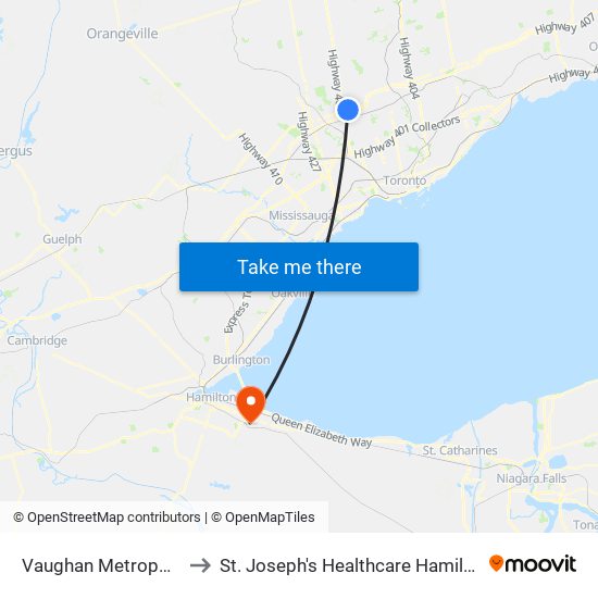 Vaughan Metropolitan Centre to St. Joseph's Healthcare Hamilton - King Campus map