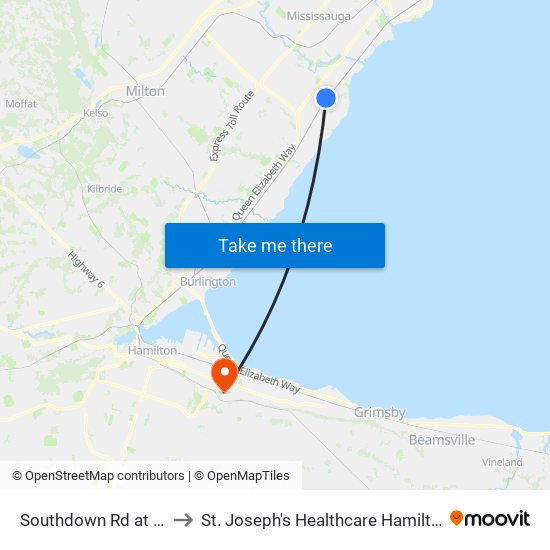 Southdown Rd at Hartland Dr to St. Joseph's Healthcare Hamilton - King Campus map