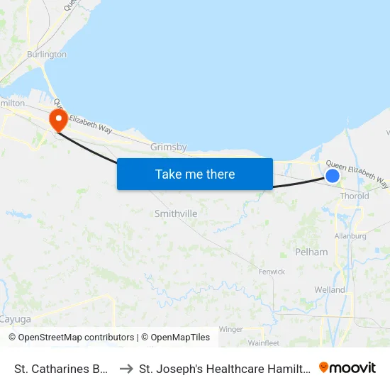 St. Catharines Bus Terminal to St. Joseph's Healthcare Hamilton - King Campus map