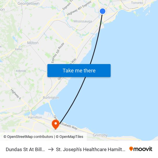 Dundas St At Billingham Rd to St. Joseph's Healthcare Hamilton - King Campus map