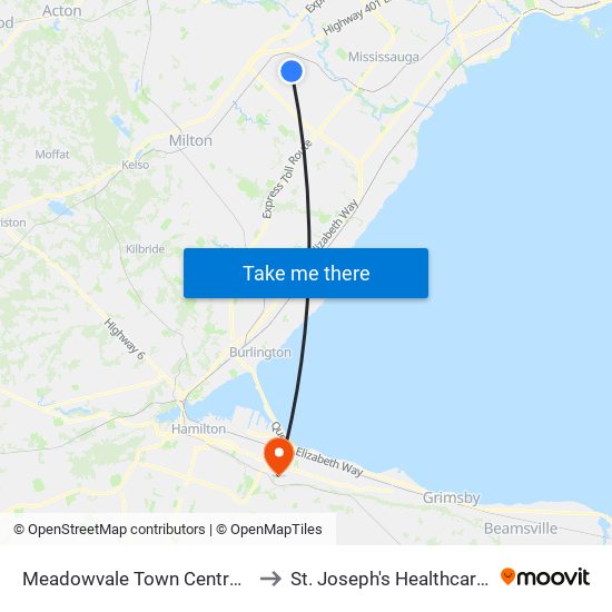 Meadowvale Town Centre Bus Terminal Platform H, I, J to St. Joseph's Healthcare Hamilton - King Campus map