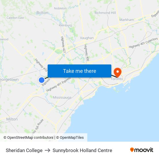 Sheridan College to Sunnybrook Holland Centre map