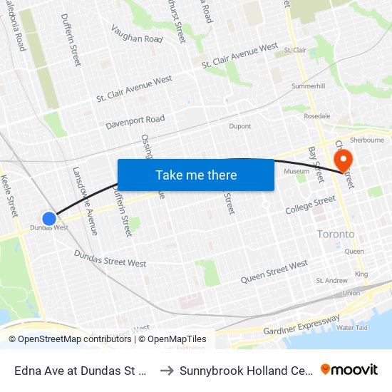 Edna Ave at Dundas St West to Sunnybrook Holland Centre map