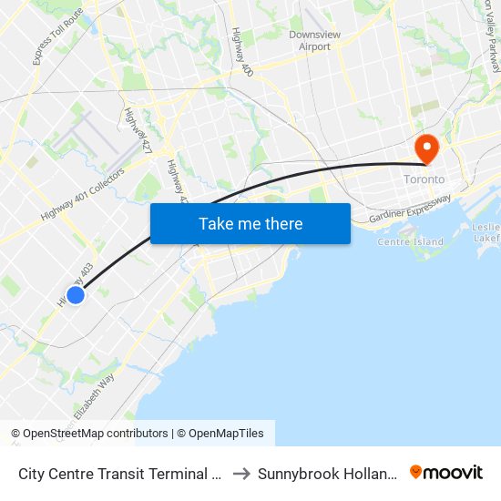 City Centre Transit Terminal Platform K to Sunnybrook Holland Centre map