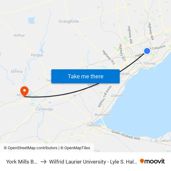 York Mills Bus Terminal to Wilfrid Laurier University - Lyle S. Hallman Faculty Of Social Work map