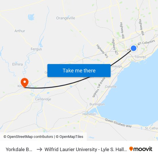 Yorkdale Bus Terminal to Wilfrid Laurier University - Lyle S. Hallman Faculty Of Social Work map