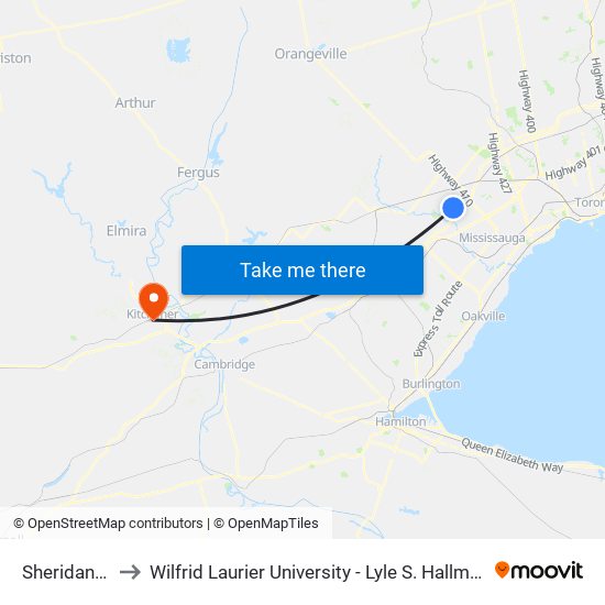 Sheridan College to Wilfrid Laurier University - Lyle S. Hallman Faculty Of Social Work map