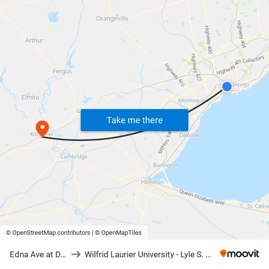 Edna Ave at Dundas St West to Wilfrid Laurier University - Lyle S. Hallman Faculty Of Social Work map