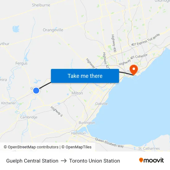 Guelph Central Station to Toronto Union Station map