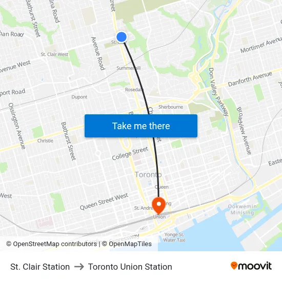St. Clair Station to Toronto Union Station map